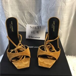 Saint Laurent Mustard Suede Strappy Square-Toe Mules